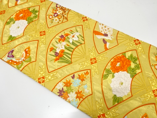 JAPANESE KIMONO / FUKURO OBI / SILK / WOVEN DIAGONAL GRID & FOLDING FAN & FLOWERS & BUTTERFLY